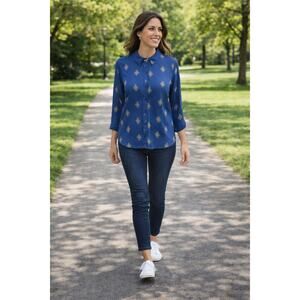 Knapp Studio Medallion Blouse Blue High Low Button Up PL